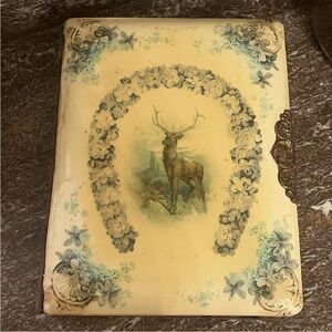 Antique 1800s Victorian Stag Horseshoe Cabinet Photo Album Celluloid Velvet